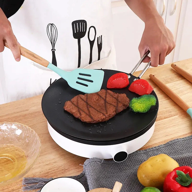 Custom Silicone Kitchenware 12 Pieces Cookware Household Kitchen Utensils Set with Wooden Handle