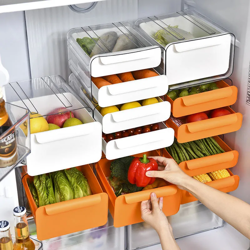 Kitchen Vegetable Fruit Transparent Plastic Pet+PP Stackable Container Storage Box Refrigerator Drawer Fridge Organizer