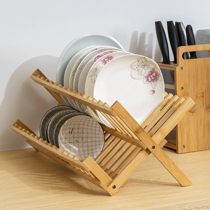 Kitchen Bamboo Wood Over The Sink Stainless Steel Dish Drying Drainer Rack