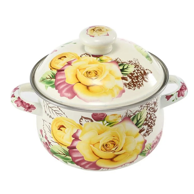 22cm Good Quality Gold Rose Flower Enamel Camping Kitchen Pots Cookware Enamel Soup Pot