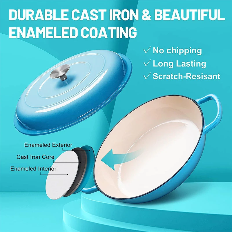 Hot Selling 4L Blue Enamel Non Stick Round Shallow Cast Iron Casserole Dish Dutch Oven Cast Iron Cookware