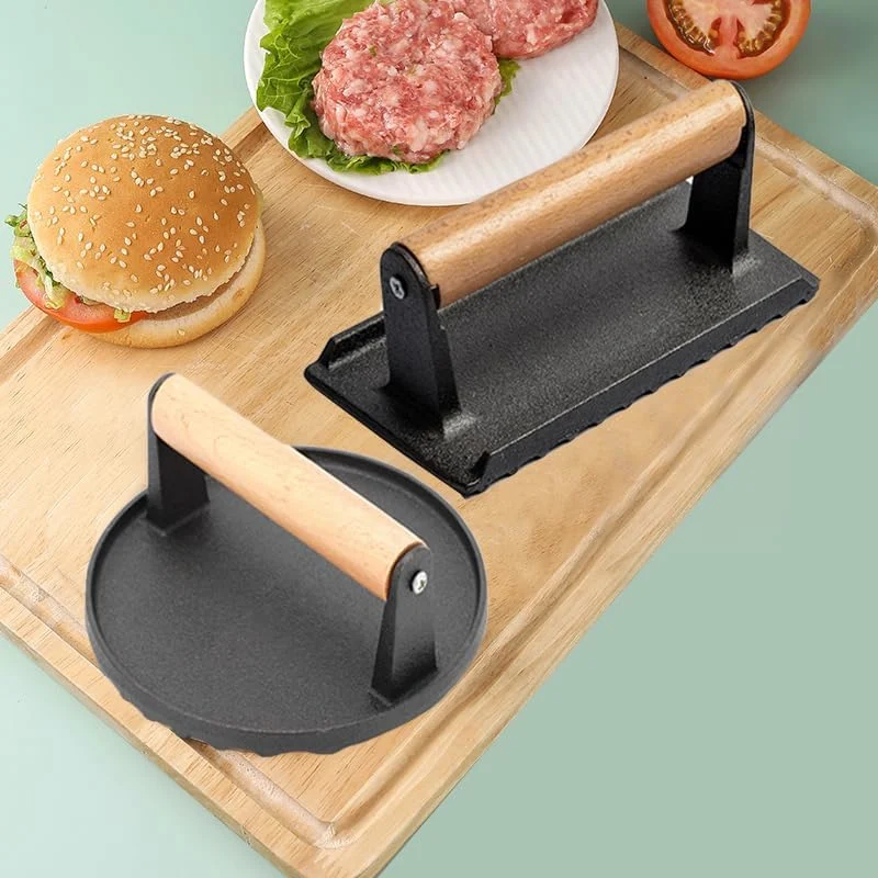 High Performance Cast Iron Steak Weight Wooden Handle Bacon Grill Hamburger Press Cooking Barbecue Tool