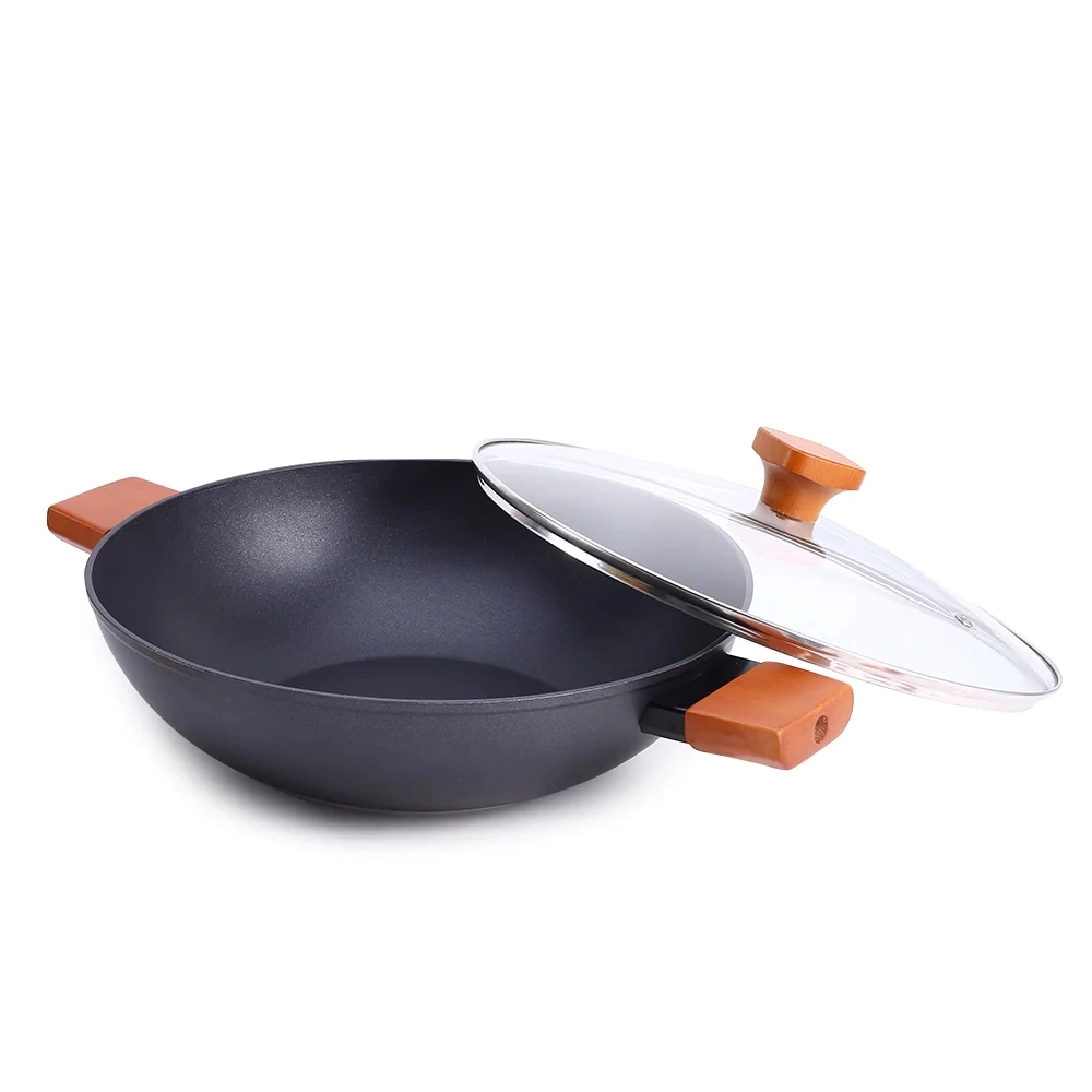 6 Piece Pfoa Free Nonstick Forged Aluminum Cookware Set with Wood Handles Induction Base Pan and Pot Set