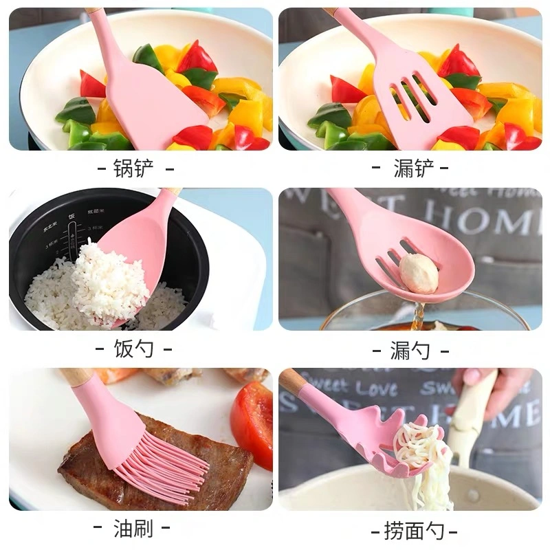 Amazon/Ebay/Reusable Adaptive Silicon Cooking Wood Tools Pink Camping Silicone Kitchen Utensil Set