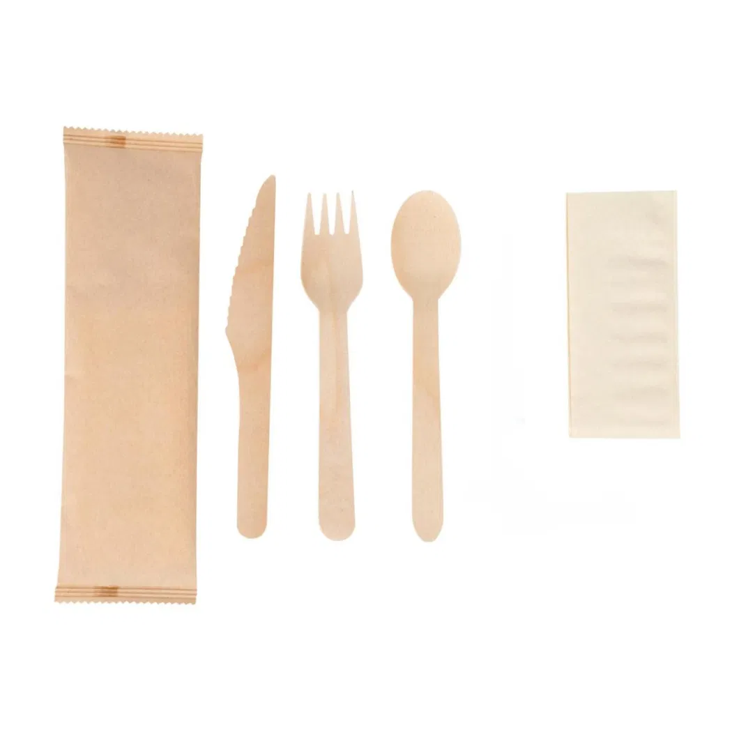 Disposable Wooden Spoon Fork Knife Tableware Set with Kraft Paper Pack