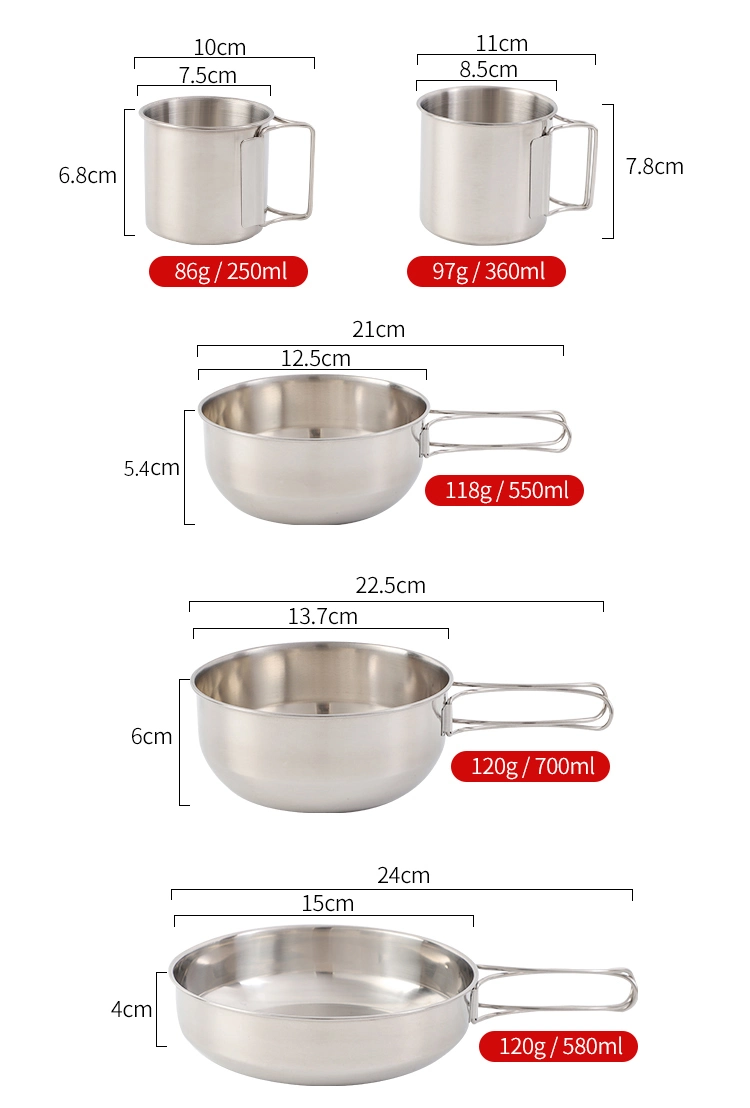 Stainless Steel Camping Five-Piece Set Can Be Heated for Cooking Supplies Outdoor Portable Pot