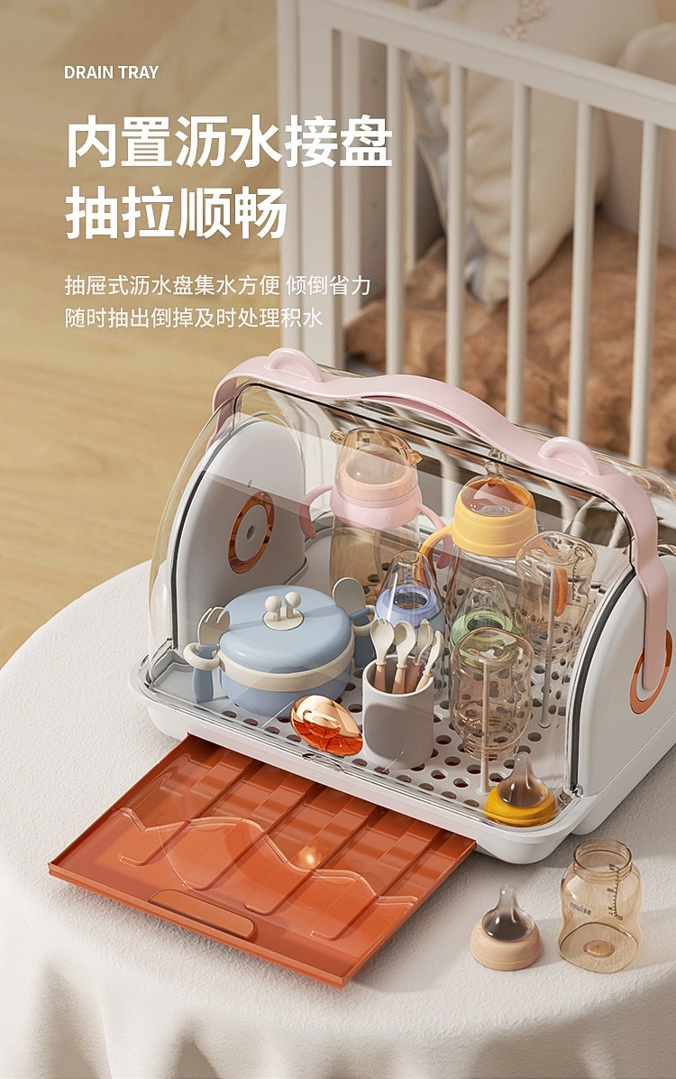 Household Dust-Proof Plastic Baby Bottle Tableware Storage Box with Drain Tray Cover Kitchen Organizer