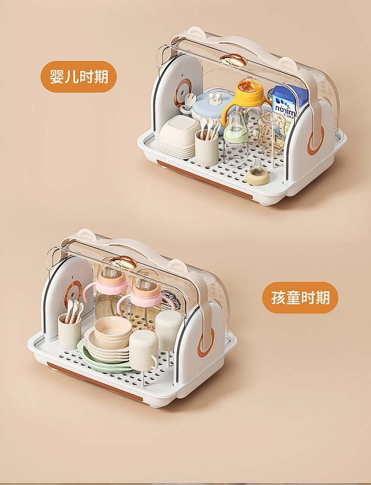 Household Dust-Proof Plastic Baby Bottle Tableware Storage Box with Drain Tray Cover Kitchen Organizer