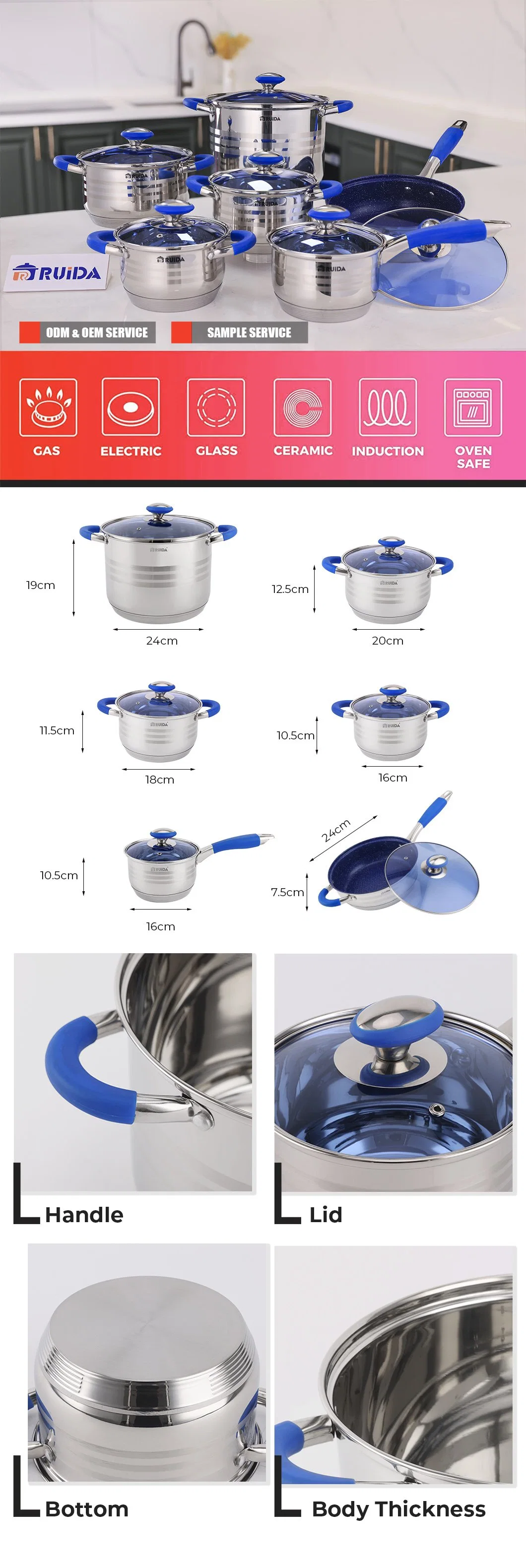 Customized Kitchen Appliance Blue Silicone 6/8/10/12PCS Stainless Steel Kitchenware Set Cookware