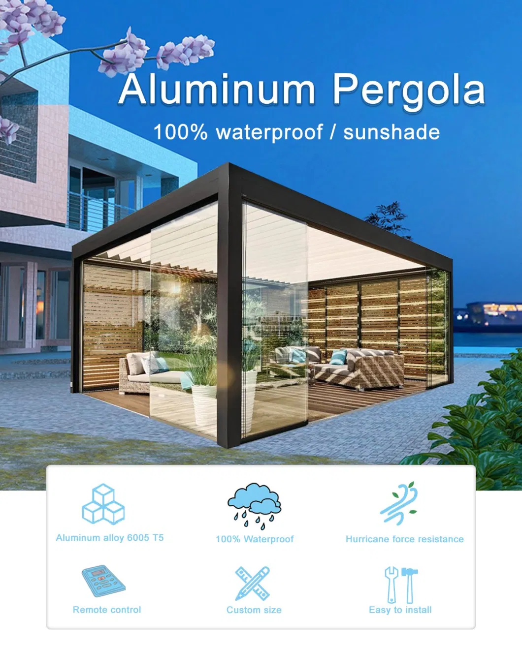 Customized Waterproof Terrace Louvre Roof Pavilion Outdoor Kitchen Pergola Aluminium 6X4 Gazebo Kits with Glass Sliding Door