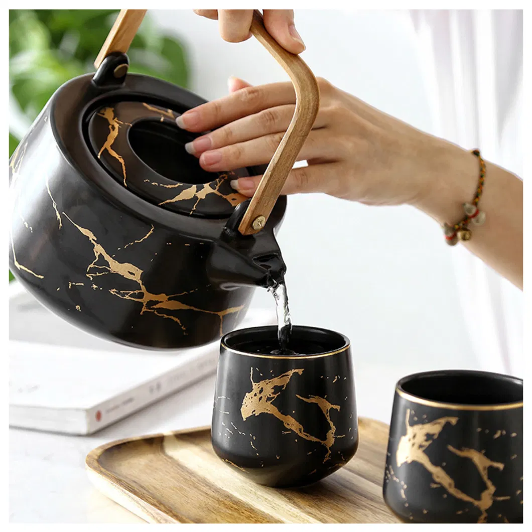 Kitchenware High Quality Ceramic Tea Pot Set with Bamboo Base