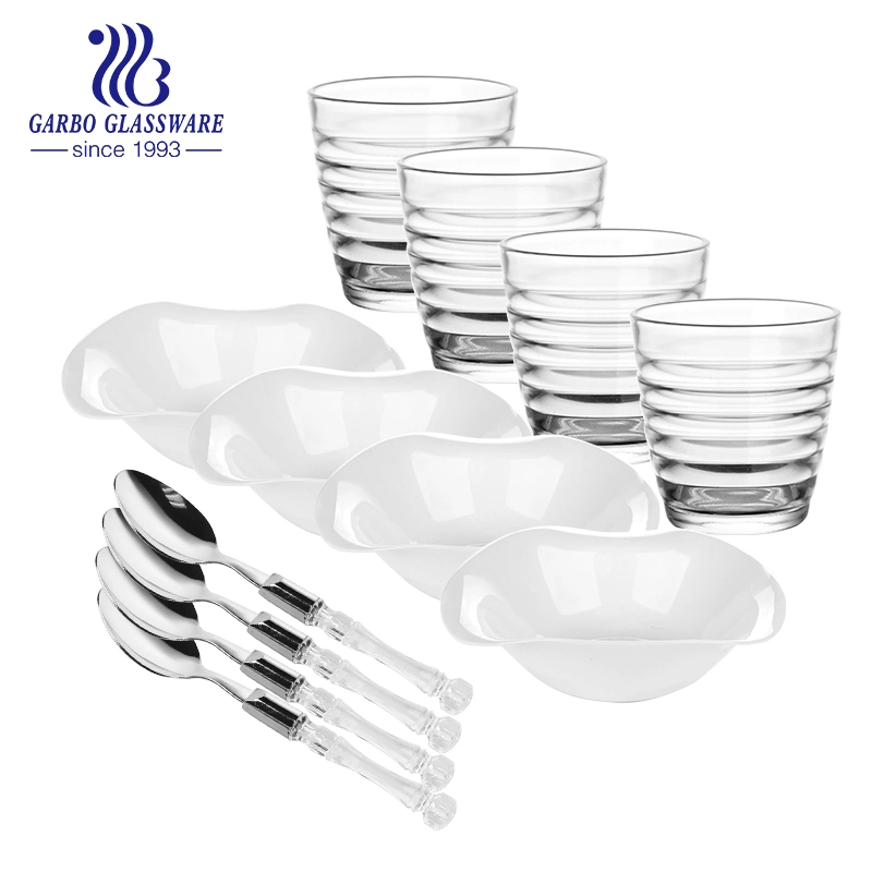 12 Pieces Crystal Dinner Set 4 Glass Tumbler 4 Salad Bowl 4 Dinner Spoon Glassware Family Dinnerware Set