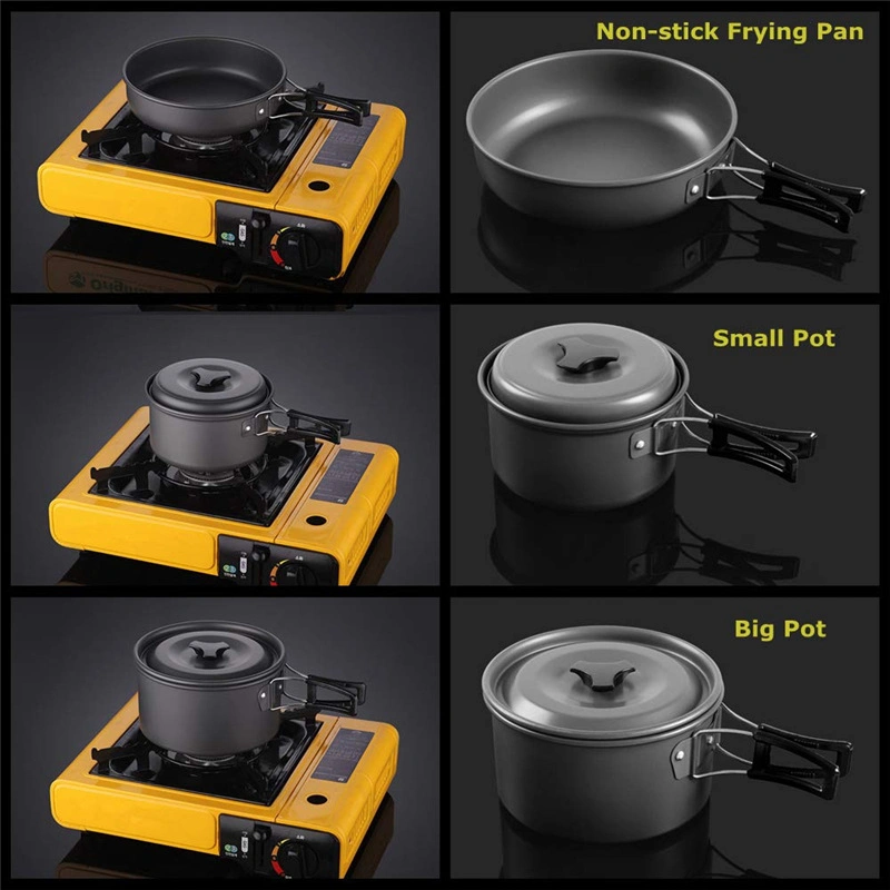 Outdoor Advanced Hard Aluminum Non-Stick Pan Cookware Set 3 in 1 Picnic 2-3 Person Camping Cooking Combination Tableware Set for Hiking Camping