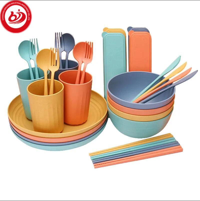 Hot Sale Kids Wheat Straw Dinner Set Tableware Degradable Plates Cup Tableware Set BPA Free Cutlery Dinnerware Set