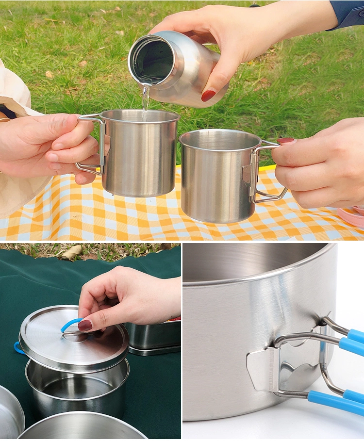 Eight-Piece Hiking Portable Cup Pot Pan Cooking Ware Utensils SUS304 Mess Kit Stainless Steel Outdoor Camping Cookware Set