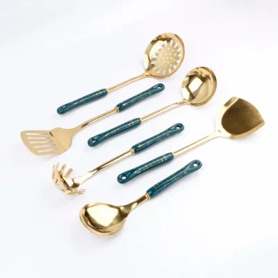 Mango cerámico verde fácil gancho Acero inoxidable dorado Utensilio de cocina Establecer