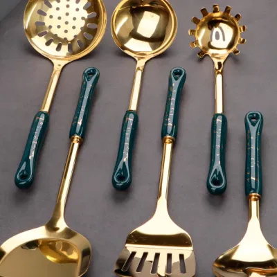 Mango cerámico verde fácil gancho Acero inoxidable dorado Utensilio de cocina Establecer