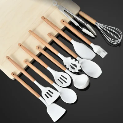 Cocina utensilios de cocina Juego de silicona blanca utensilios de cocina con madera Mango
