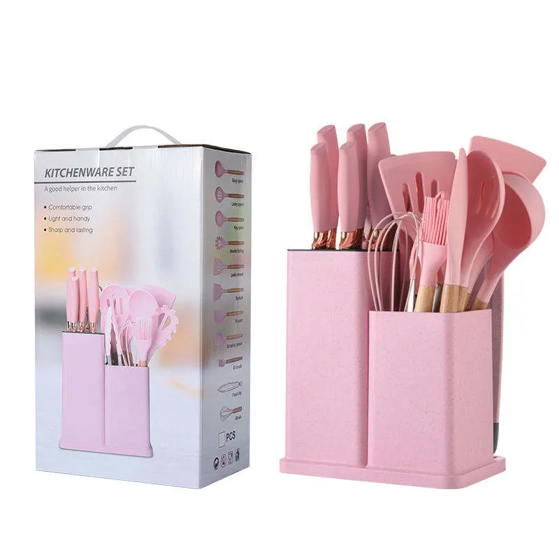 Silica Gel Kitchen Utensil Set with Wooden Handle Utensils