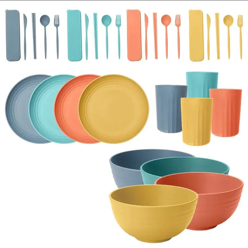 Hot Sale Kids Wheat Straw Dinner Set Tableware Degradable Plates Cup Tableware Set BPA Free Cutlery Dinnerware Set