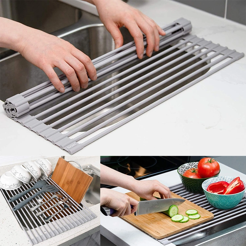 Silicone Roll up Dish Drying Rack Foldable Stainless Steel Over Sink Kitchen Drainer Rack for Cups Fruits Vegetables