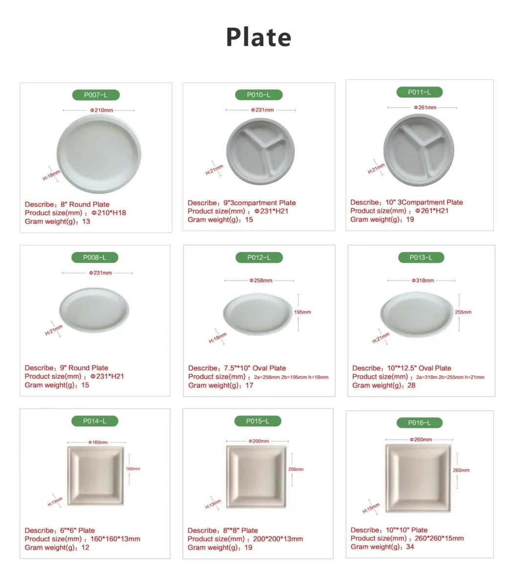 Packaging Eco Friendly Biodegardable Sugarcane Pulp Tableware Disposable Dishes Dining Plates Sets Dinnerware
