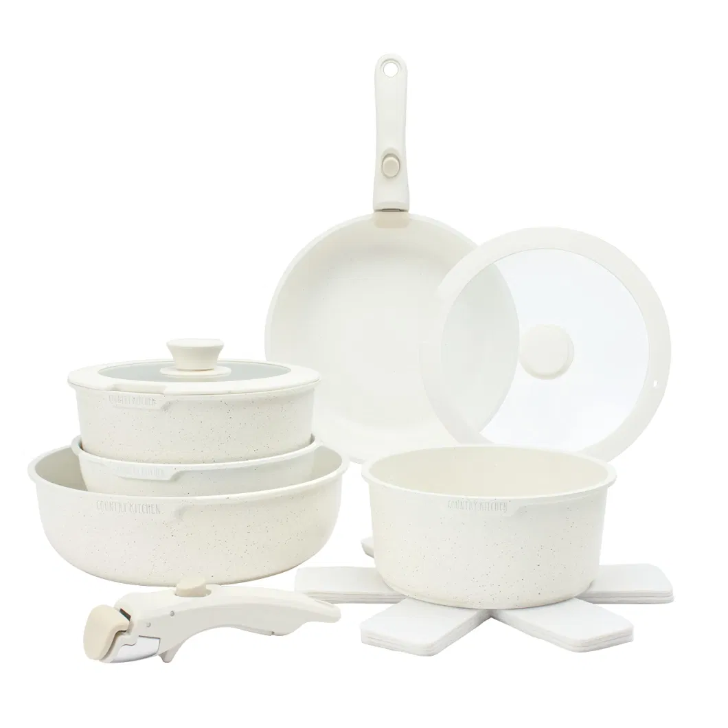 13 Piece Pots and Pans-Set Nonstick-Kitchen-Cookware with Removable Handle RV Oven-Safe Cream