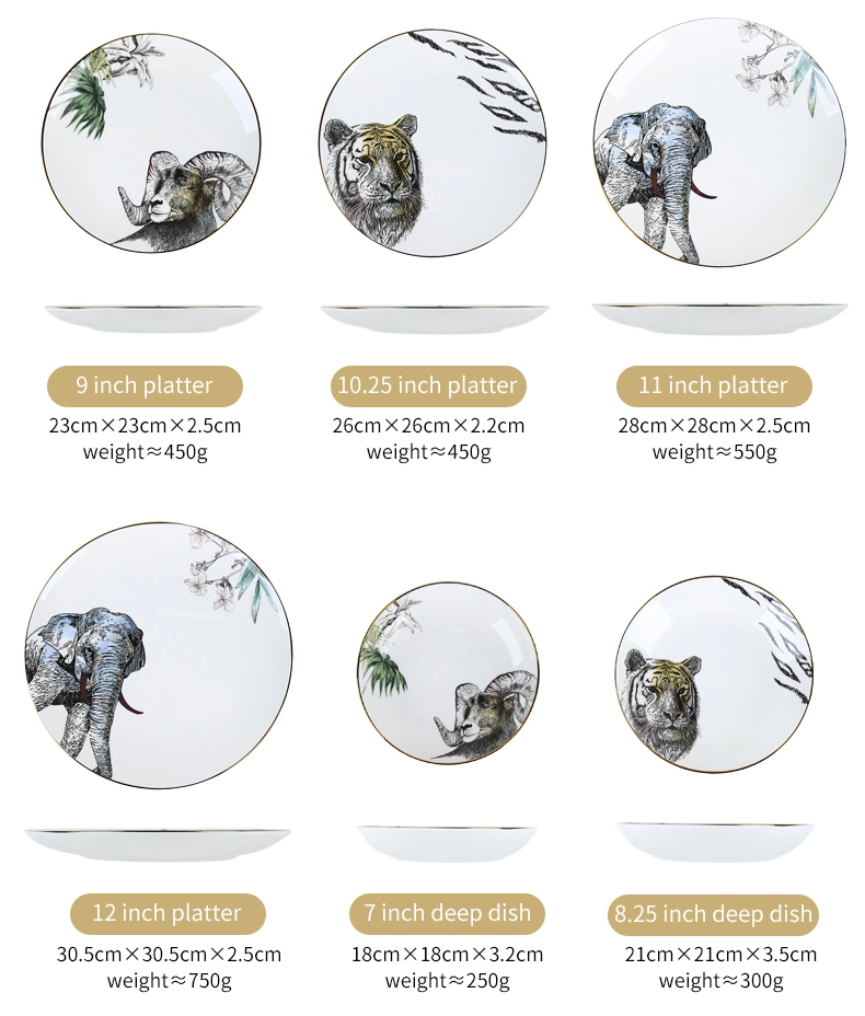 Animal Decal Sample Customization Ceramic Charger Plate Porcelain Bone China Plate Dish Set Dinner Set