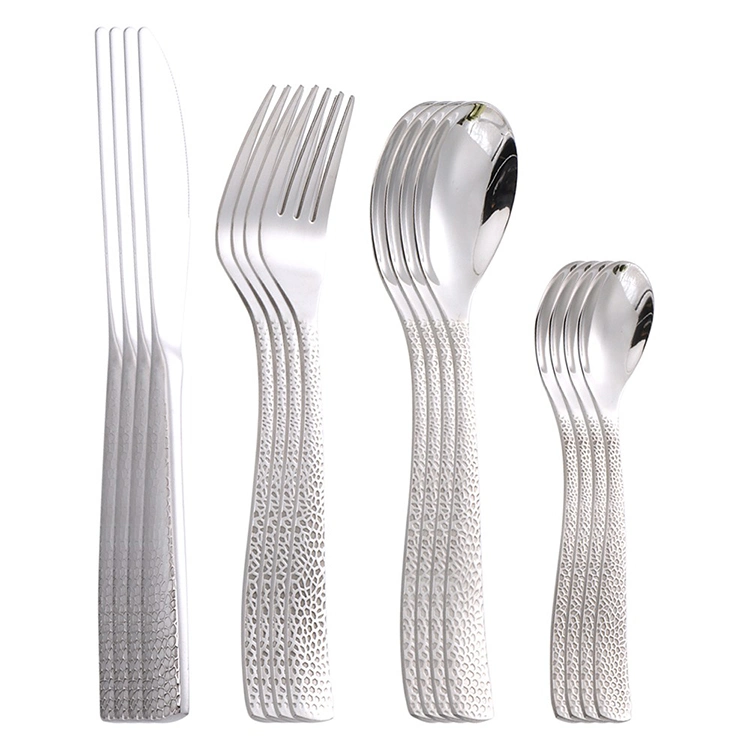 Stainless Steel Silver Color Flatware Dinner Set with Hammered Handle