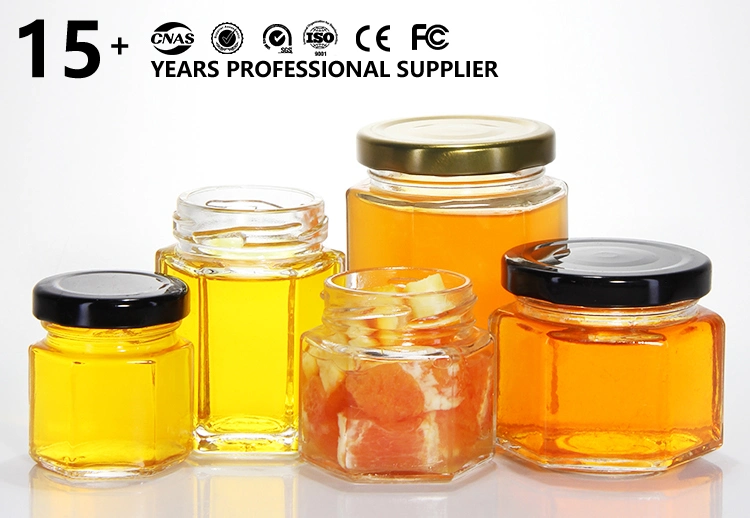 1.5oz 45ml 85ml 100ml 380ml 500ml 730ml Clear Glass Hexagon Jar Small Hexagonal Spice Honey Jar for Chili Spice Jelly in Bulk