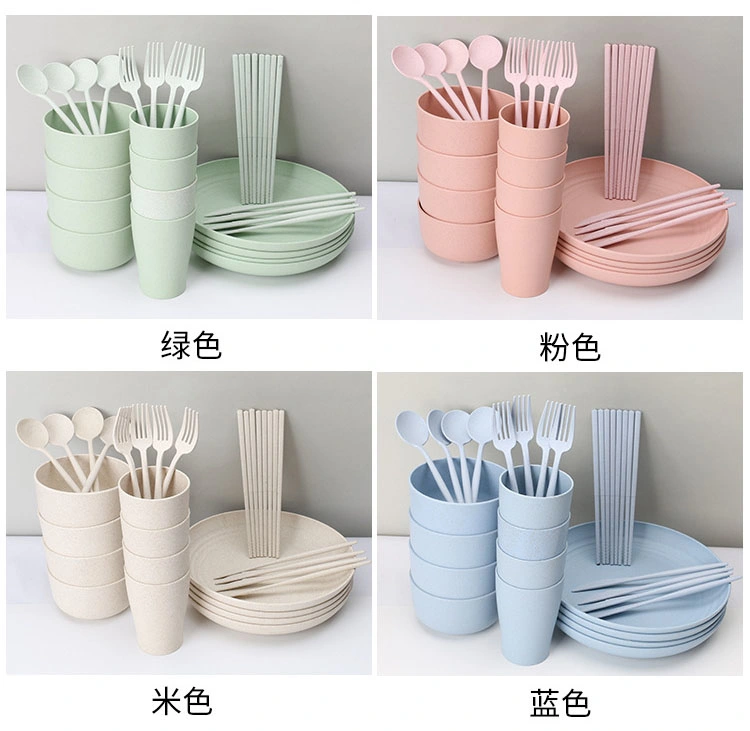 28PCS BPA Free Plastic Cutlery Dinner Plate Set Fiber Bowl Cup Wheat Straw Dinnerware Sets