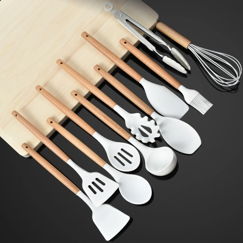 Kitchen Cooking Utensil Set White Silicone Kitchenware Set with Wooden Handle