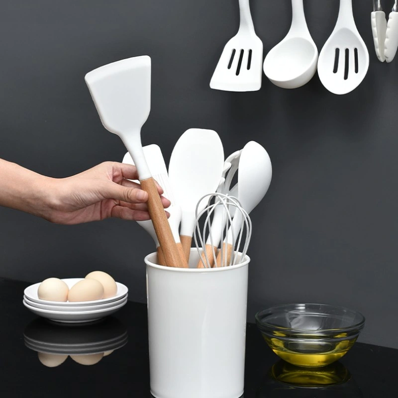 Kitchen Cooking Utensil Set White Silicone Kitchenware Set with Wooden Handle