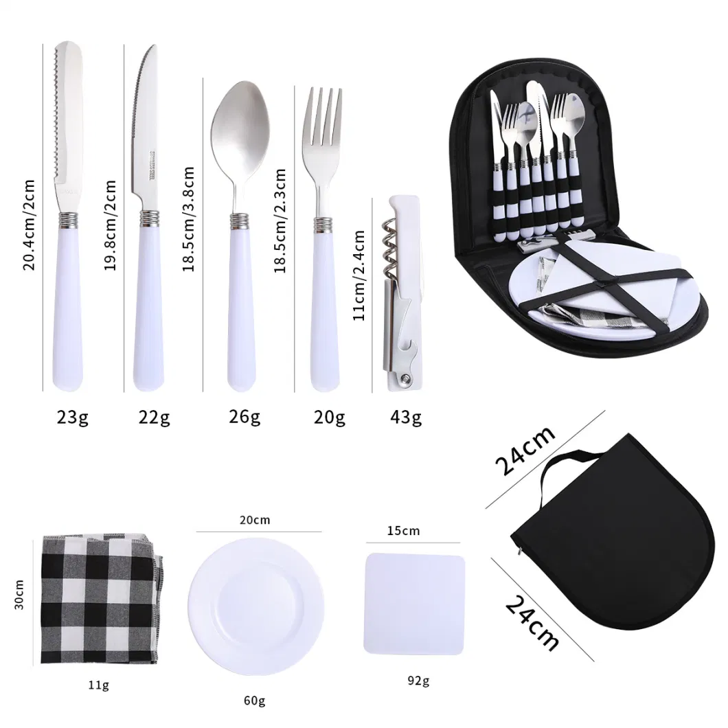 Travel Camping Portable Dinnerware Cutlery Sets with Handbag Plastic Handle Stainless Steel Flatware Sets