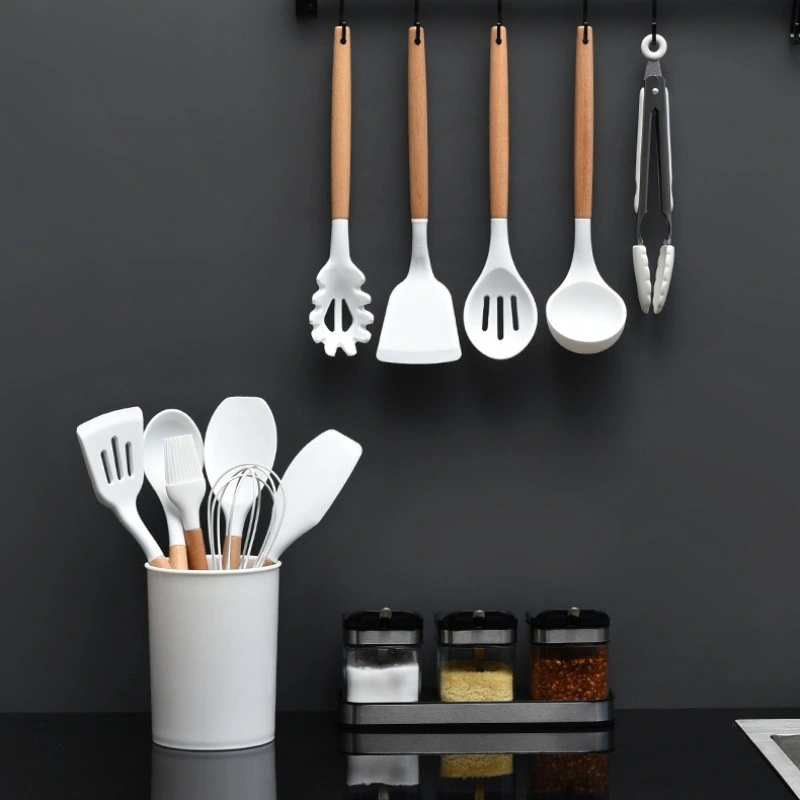 Kitchen Cooking Utensil Set White Silicone Kitchenware Set with Wooden Handle