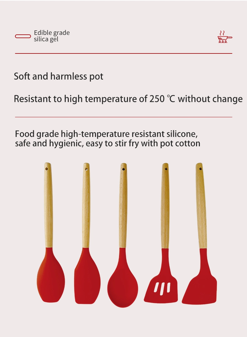 Silicone Cooking Kitchen Utensils Set, Wooden Handles Silicone Turner Tongs Spatula Spoon Kitchen for Nonstick Cookware