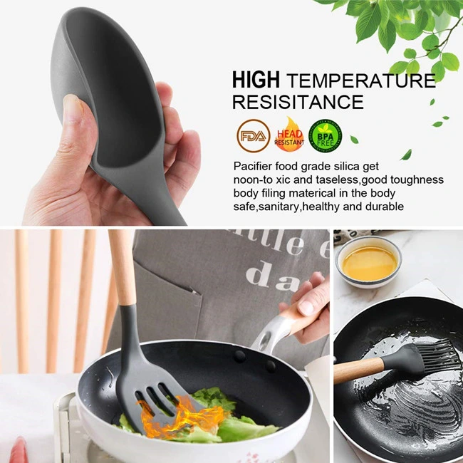 Silicone Kitchen Accessories Set Heat Resistant Wooden Handle Kitchen Utensil