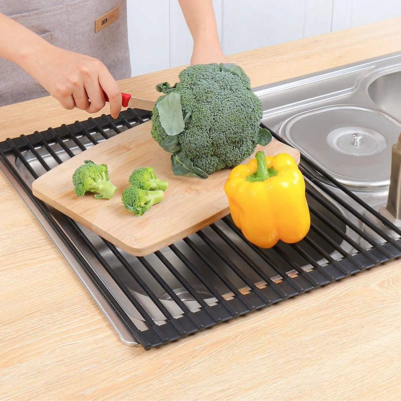 Food-Grade Silicone Kitchen Rolling Curtain Sink Drain Rack Heat Insulation Rack Storage Rack Dish Rack Vegetable and Fruit Water Filter Rack