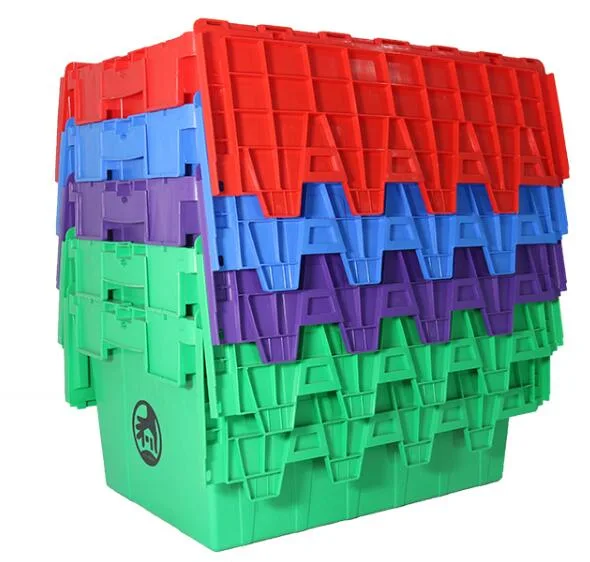 Warehouse Stackable Nestable Plastic Storage Box Container with Hinged Lid