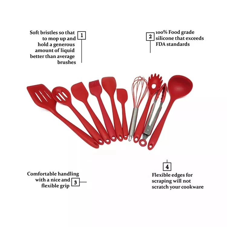 Sell Like Hot Kitchen Accessories Traditional Red Color Spoon Silicone Non-Stick Cooking Kitchen Utensil Set