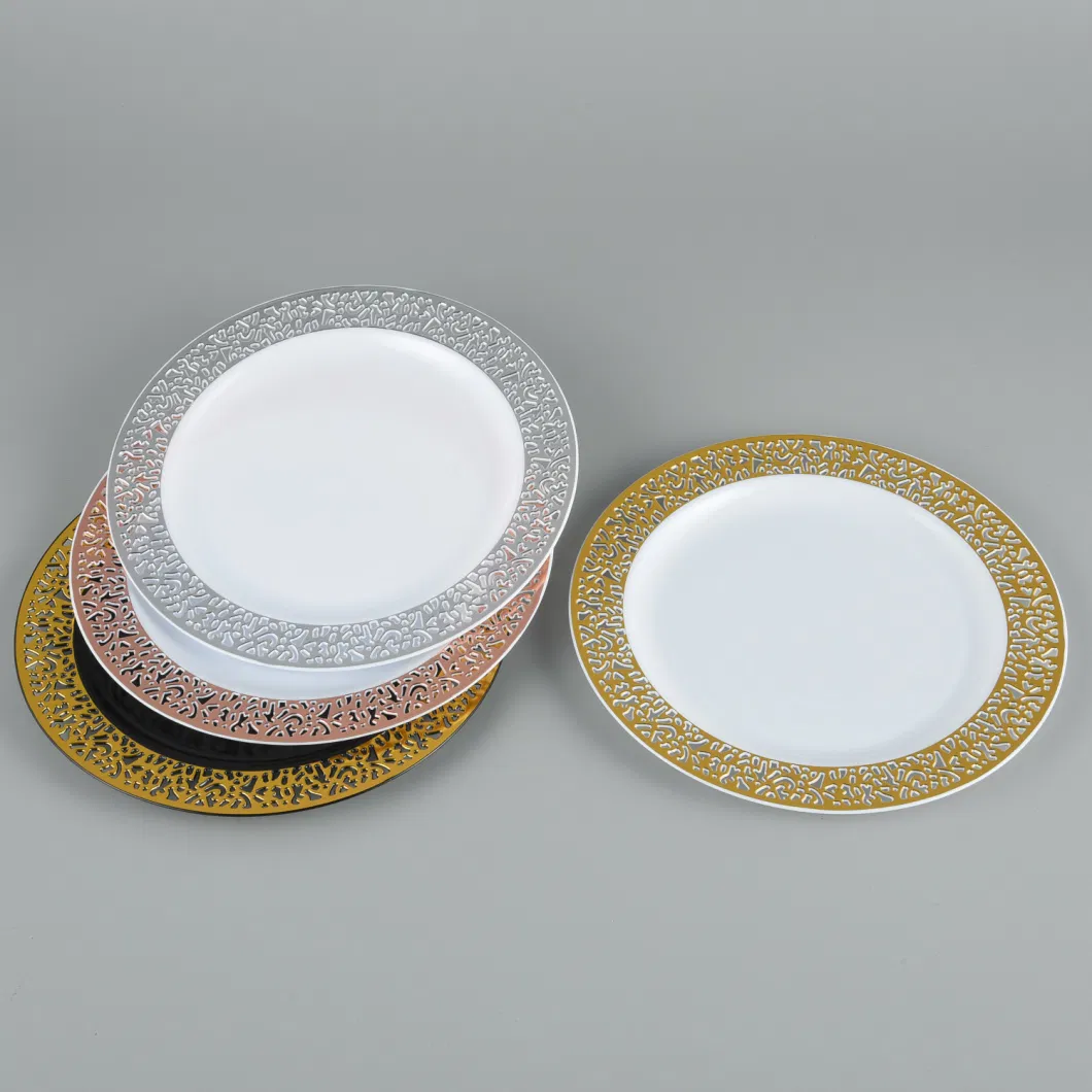 Personalized Hallow out Design Elegant Plastic Round Plates Black Golden Dinnerware Party Sets