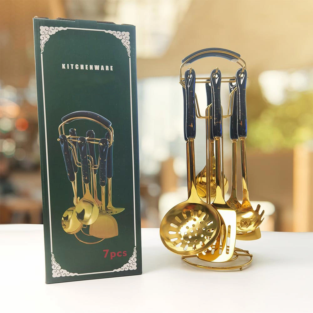 Easy Hook Green Ceramic Handle Golden Stainless Steel Kitchen Utensil Set