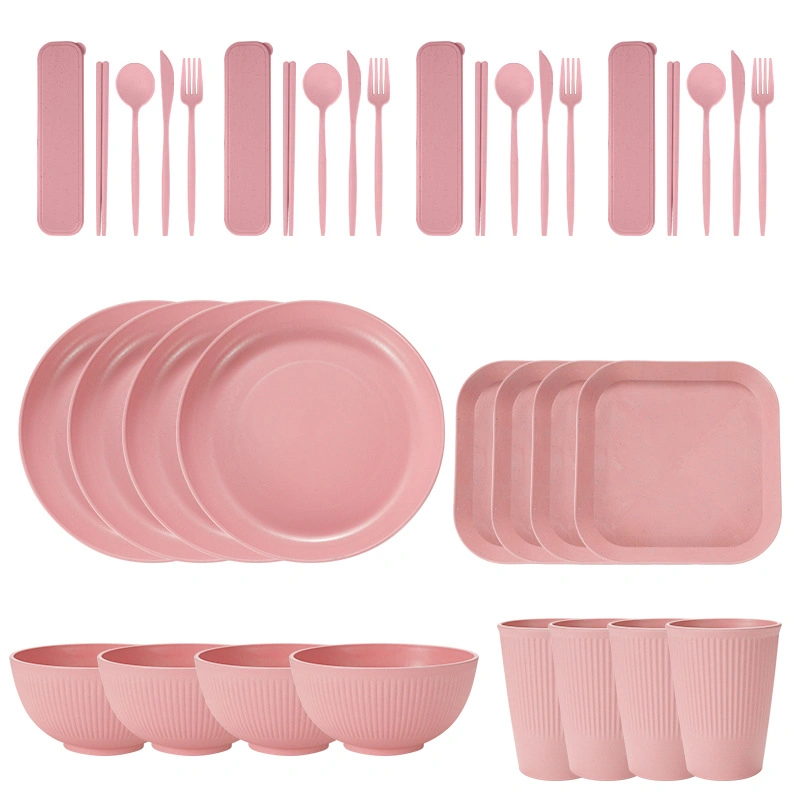 4 PCS Wheat Straw Cookware Sets Eco Dishes Biodegradable Dinner Plates Kids Dinnerware Sets with Dishes &amp; Plate Dinner Platess