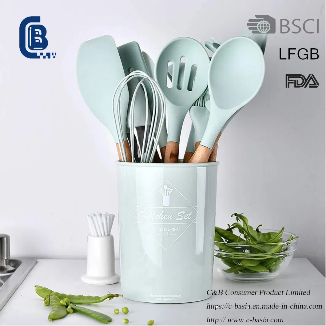 Hight Quality Kitchen Utensils, Cooking Plastic Gadget Silicone Cookware, Kitchenware, Kitchen Implements Set with Wood Handle, Color Customized