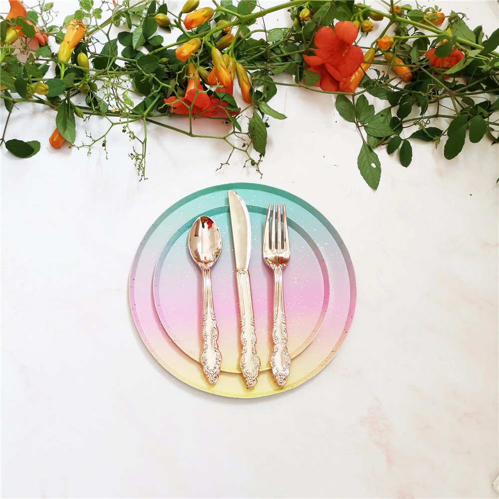 Party Disposable Kids Tableware Paper Plate Straw Cup Biodegradable Disposable Gold Forks Rainbow Series Dinnerware