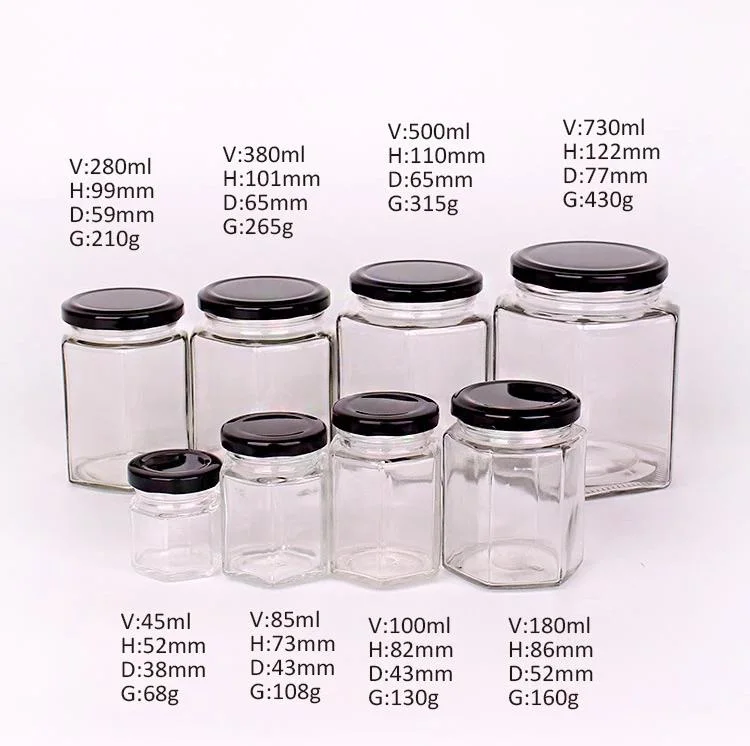 Wholesale 45ml 85ml 100ml Clear Glass Small Hexagonal Spice Honey Jar for Chili Spice Jelly