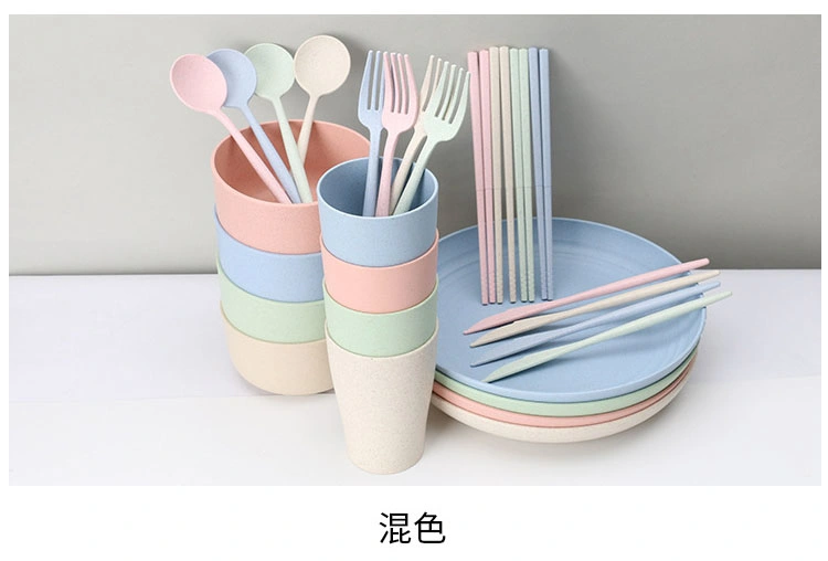 28PCS BPA Free Plastic Cutlery Dinner Plate Set Fiber Bowl Cup Wheat Straw Dinnerware Sets