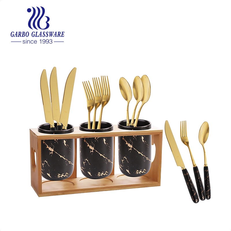 Luxury Noble Golden E-Plating Flatware Set Home Use Tableware with Wooden Holder Marble Design Ceramic Mug and Knife Fork Spoon Dinner Set