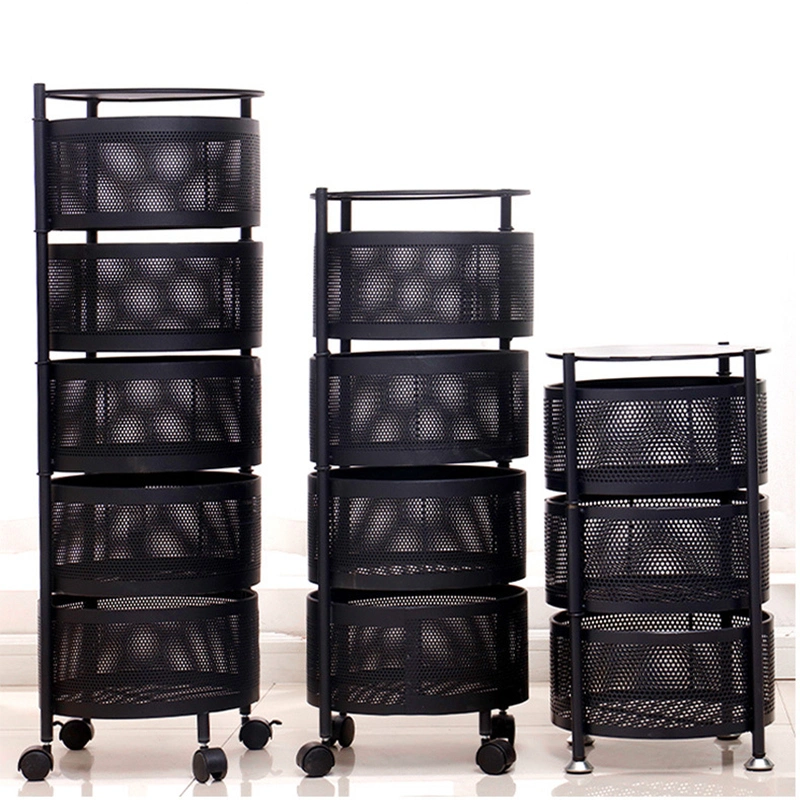 3 Layer Drawer Type Rotatable Kitchen Trolley with Wheels Rolling Utility Cart Foldable Floor -Standing Vegetable Storage Basket