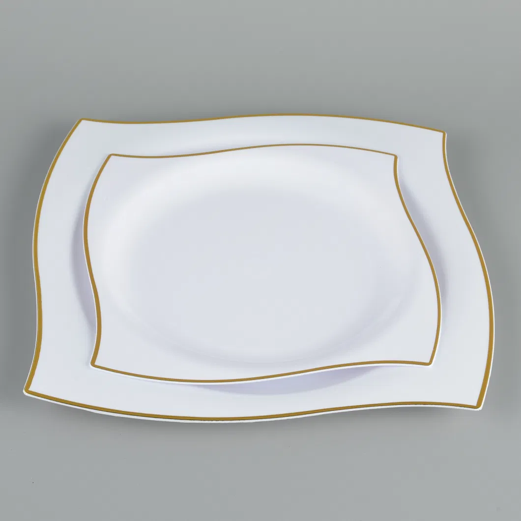 Personalized Hallow out Design Elegant Plastic Round Plates Black Golden Dinnerware Party Sets